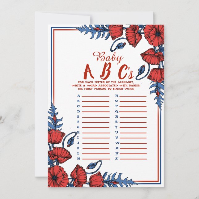 Poppy Floral Baby Shower Baby ABCs Game Einladung (Vorderseite)