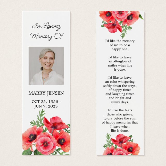 Poppy Floral Photo Funeral Memorial Bookmark (Vorne & Hinten)