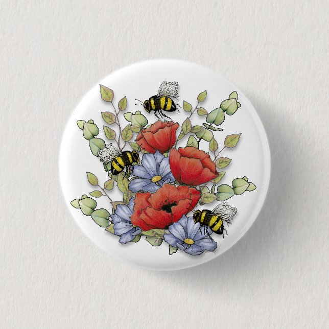 Poppy Flowers and Bees Digital Drawing, Botanical  Button (Vorderseite)