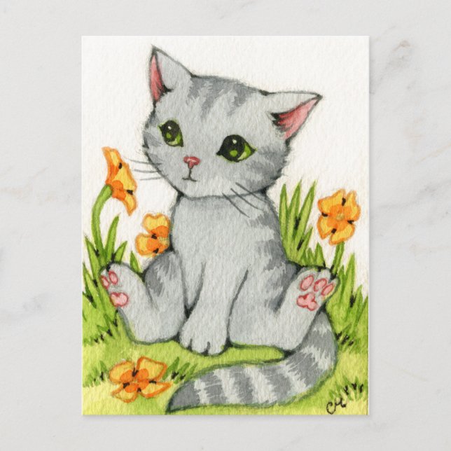 Poppy Garden - Cute Cat Art Postkarte (Vorderseite)