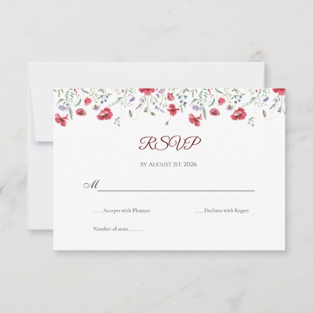 Poppy & Lavender Watercolor Floral Wedding RSVP Karte (Vorderseite)