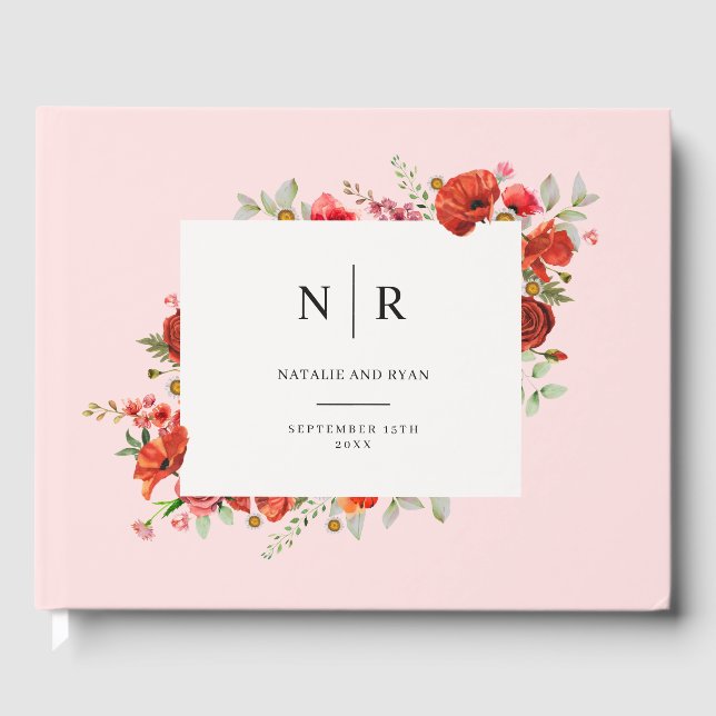 Poppy Monogram Pink Wedding Gästebuch (Vorderseite)