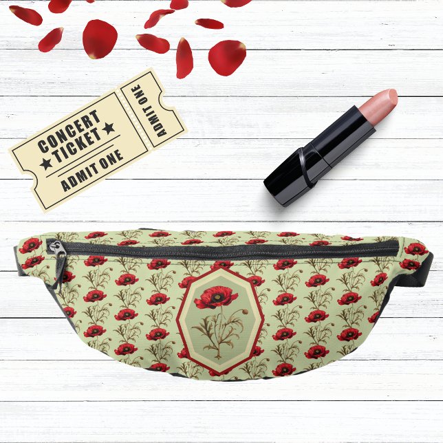 Poppy Pattern Red Sage Green with Floral Medallion Bauchtasche (Von Creator hochgeladen)