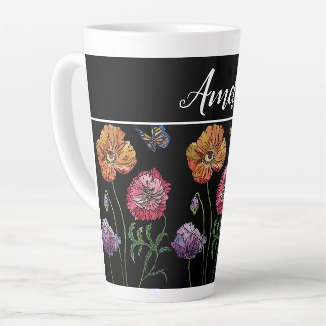 Poppy Poppies Rotes Shabby Chic Schwarze Flora Blu Milchtasse (Linke Ecke)