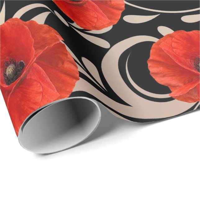 Poppy Red Blume Schwarz-weiß Glam Metallic Geschenkpapier (Rolleneckpunkt)