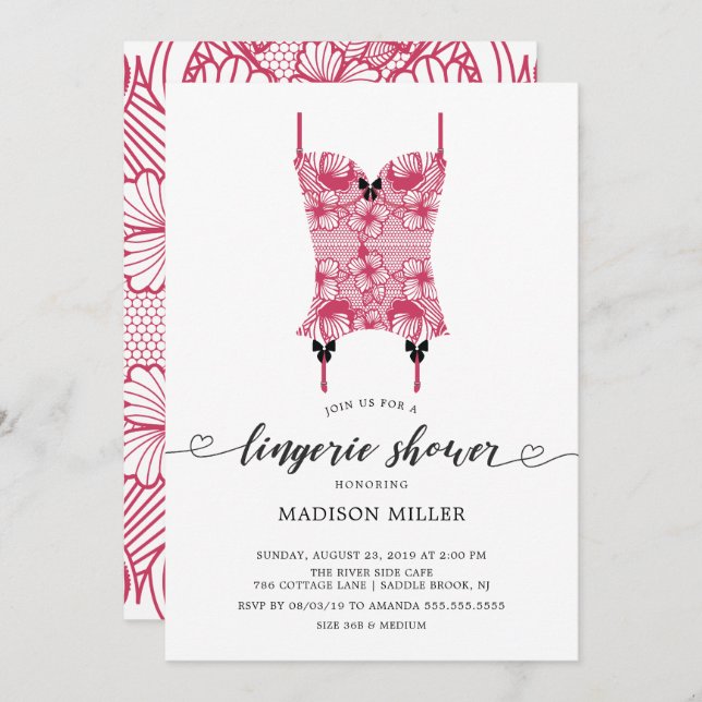 Poppy Red Lace Corset Bridal Lingerie Dusche Einladung (Vorne/Hinten)