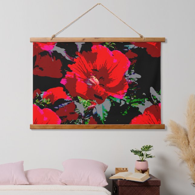 Poppy Red Retro Blumendesign Wandteppich Mit Holzrahmen (Schlafzimmer)