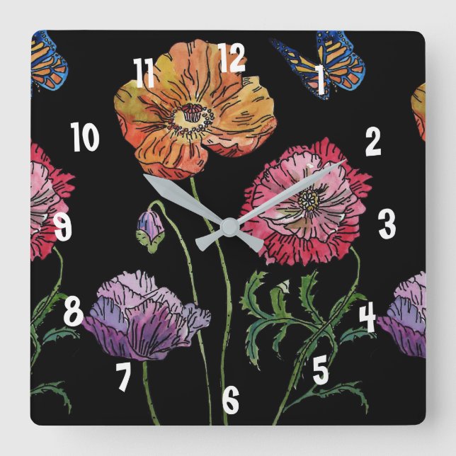 Poppy Watercolor Colouful Womans Office Clock Quadratische Wanduhr (Vorderseite)