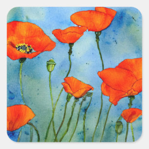 Poppy Watercolor Quadratischer Aufkleber
