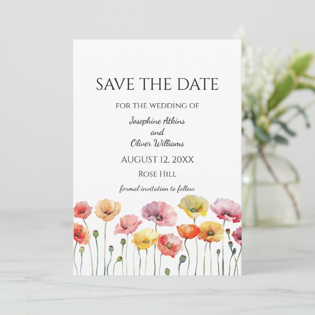 Poppy Wild Blume Hochzeit Save The Date (Stehend Vorderseite)