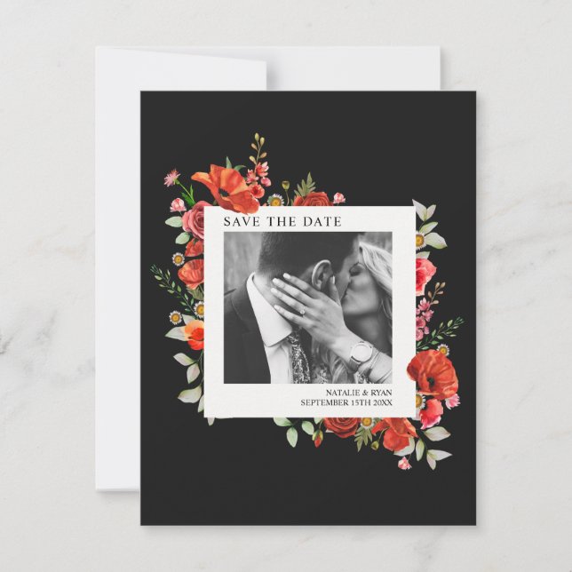 Poppy Wildblumen Dark Wedding Foto Save the Date (Vorderseite)