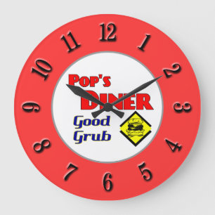 Pop's Diner Retro Red Kitchen Clock Große Wanduhr