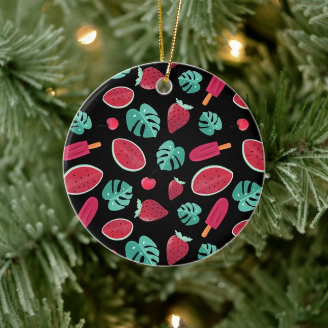 Popsicle, Cherry, Strawberry & Watermelon Blätter Keramik Ornament (Baum)