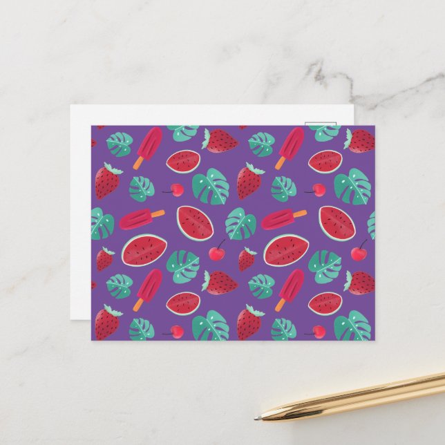 Popsicle, Cherry, Strawberry & Watermelon Blätter Postkarte (Vorderseite/Rückseite Beispiel)
