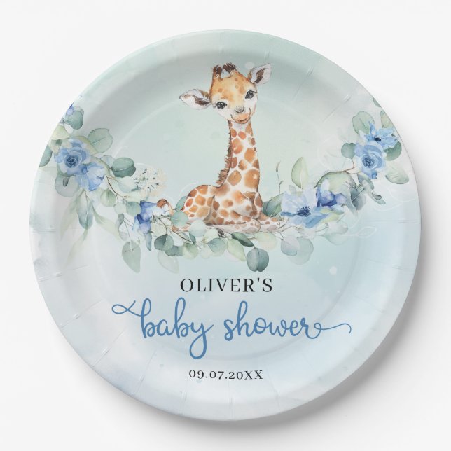 Populäre Aquarellgiraffe Blue Blumen Safari Pappteller (Vorderseite)