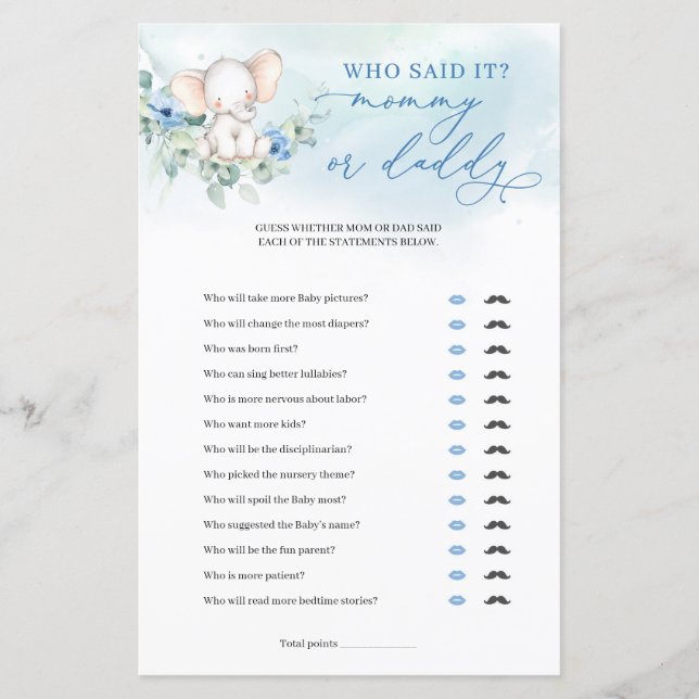 Populärer Elefant dusty blue floral Mommy or Daddy (Vorderseite)