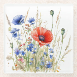 Populationen & Cornblumen: Rustikale Wiesenfarbe Glasuntersetzer