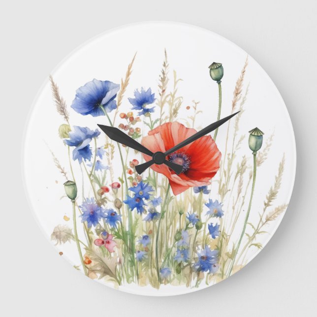 Populationen & Cornblumen: Rustikale Wiesenfarbe Große Wanduhr (Vorderseite)