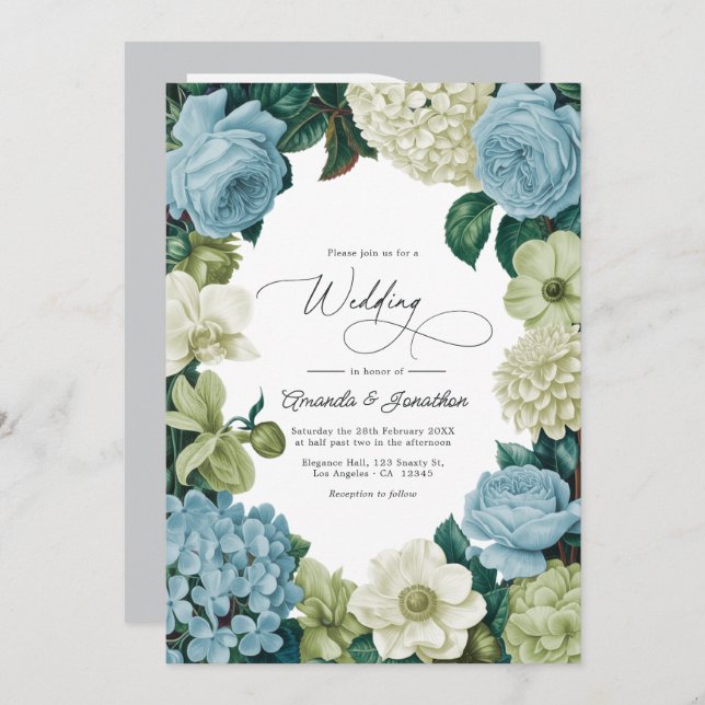 Porcelain Blue, Soft Sage & Ivory Wedding Einladung (Vorne/Hinten)