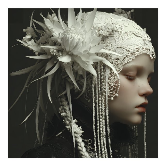 Porcelain Girl Floral Lace Headdress Portrait Fotodruck (Vorne)
