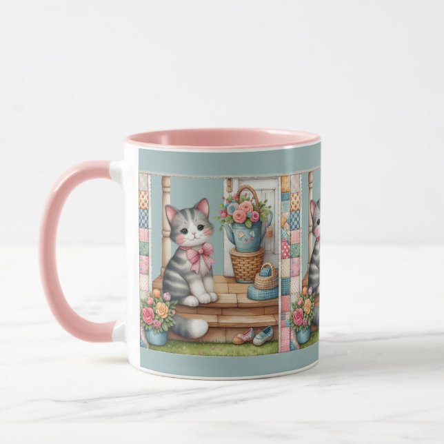 Porch Kitty Floral Patchwork Scene Tasse (Links)