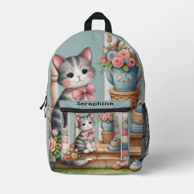 Porch Kitty Florales Patchwork-Szene Bedruckter Rucksack (Vorderseite)