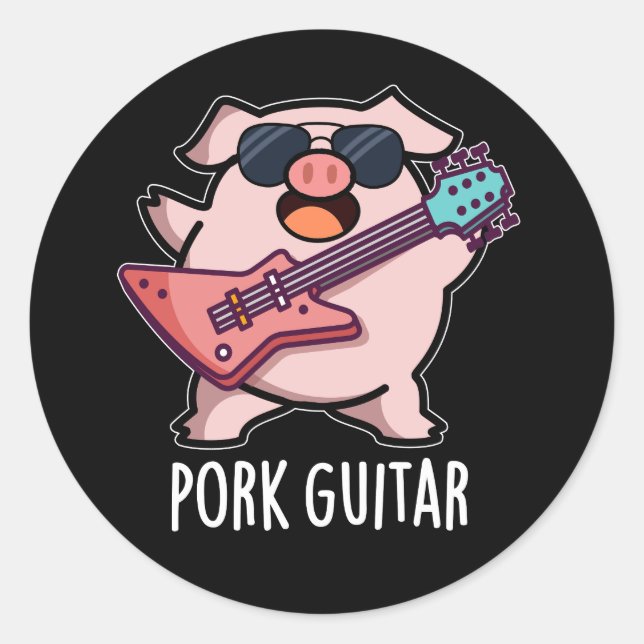 Pork Guitar Funny Rock Guitar Pig Pun Dark BG Runder Aufkleber (Vorderseite)