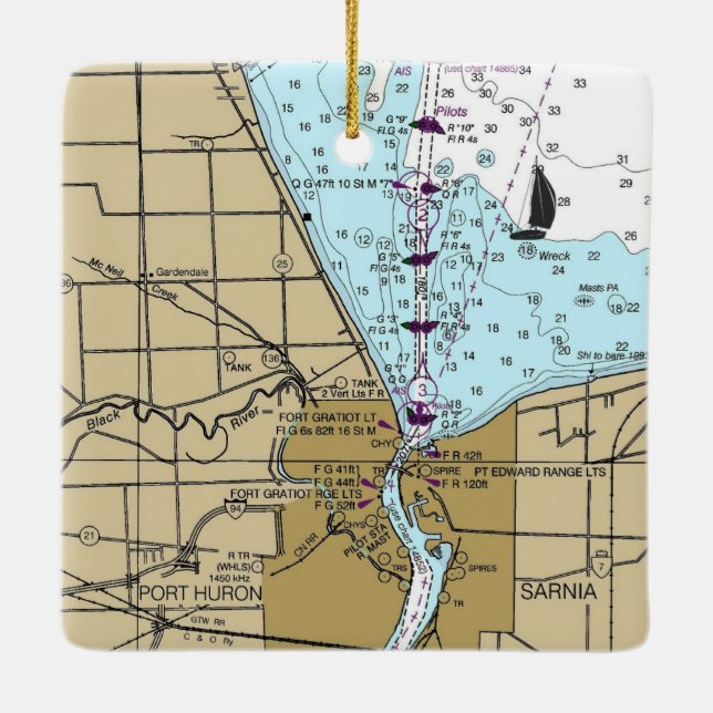 Port Huron Michigan Nautical Chart Keramikornament (Rückseite)