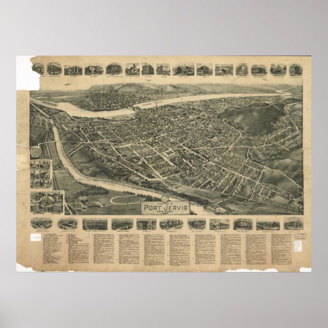 Port Jervis New York 1920 Antik Panoramabalkarte Poster (Vorne)