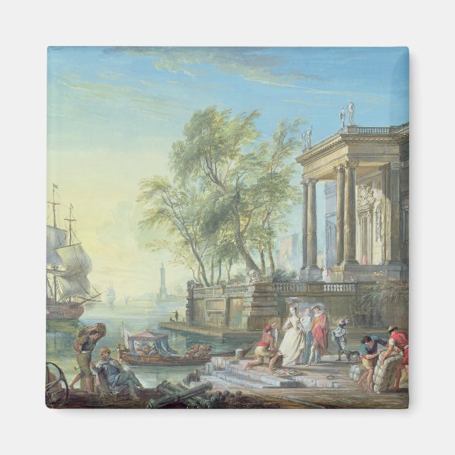 Port Scene mit Setting Sun (Öl auf Leinwand) Magnet (Vorne)