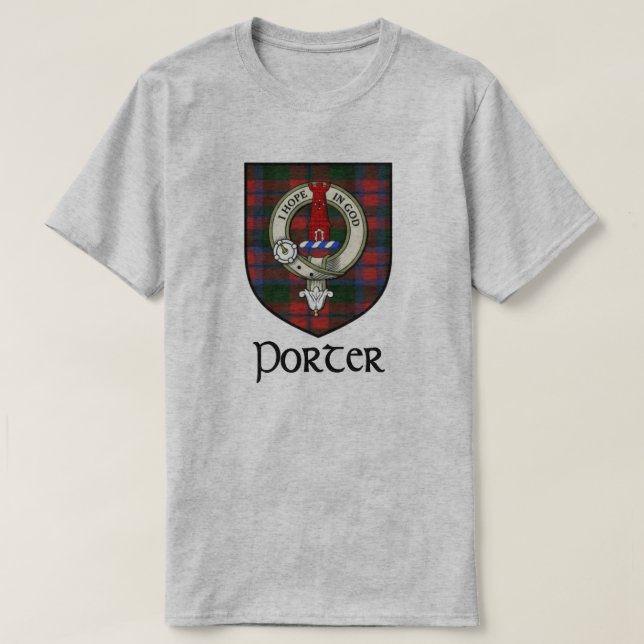Porter Surname Scottish Clan Abzeichen und Tartan T-Shirt (Design vorne)