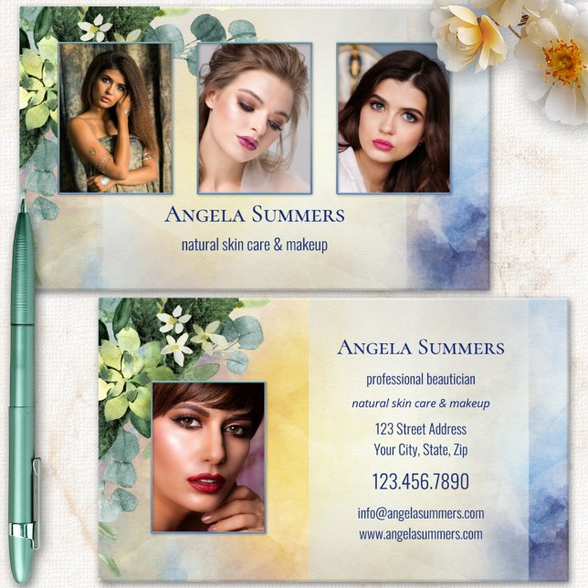 Portfolio Bio natürliche Schönheit Makeup Artist Visitenkarte (Photo template beauty business card with watercolor flowers and elegant design)