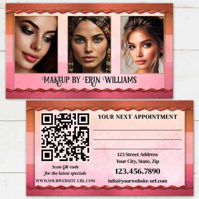 Portfolio Foto Schönheit und Makeup Terminkarte (Chic pink beauty portfolio appointment business card with QR code template)