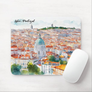 Portgual Watercolor Panorama Stadt Lissabon Mousepad