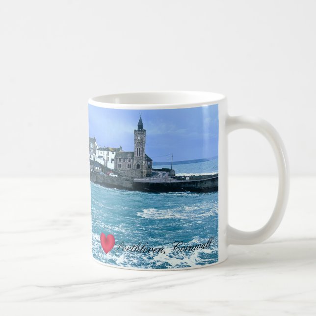 Porthleven Uhrturm + Gewartet für Fischskulpturen Kaffeetasse (Rechts)