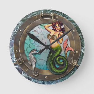 PORTHOLE MERMAID, original Art mermaids Runde Wanduhr
