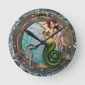 PORTHOLE MERMAID, original Art mermaids Runde Wanduhr