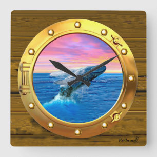 Porthole View of a Breaching Whale Quadratische Wanduhr