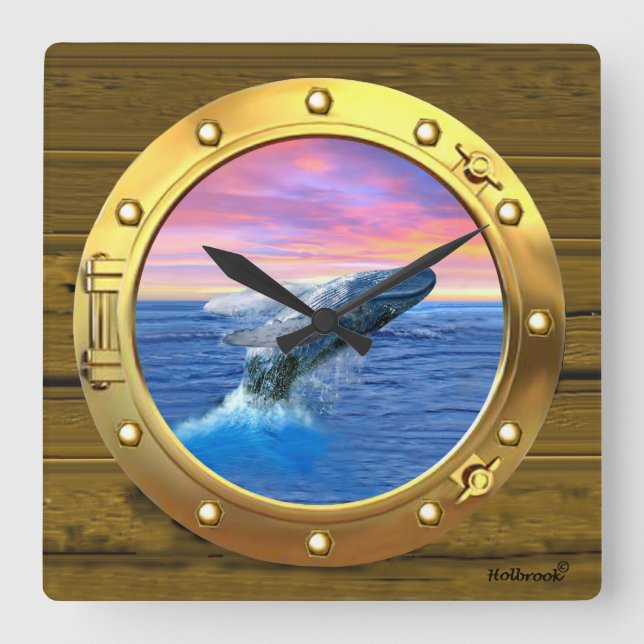 Porthole View of a Breaching Whale Quadratische Wanduhr (Vorderseite)