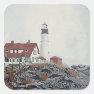 Portland Head Leuchtturm im Nebel Quadratischer Aufkleber