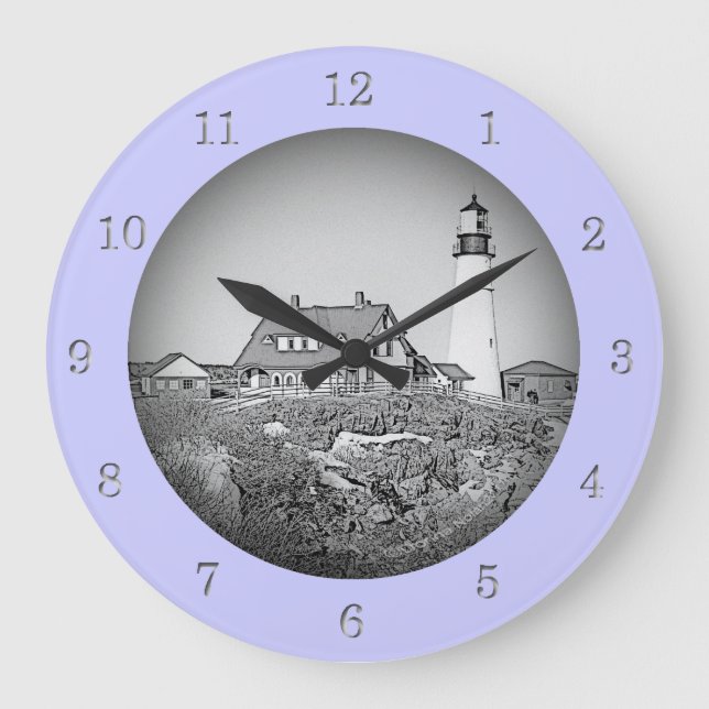 Portland Head Lighthouse Maine Sketch Wall Clock Große Wanduhr (Vorderseite)