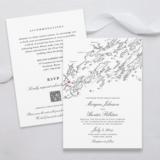 Portland Maine All-in-One QR Code UAWG Wedding Einladung (Elegant Portland Maine All In One QR Code RSVP wedding invitations in black and white )