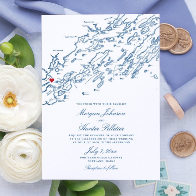 Portland Maine Casco Bay Elegant Navy Map Hochzeit Einladung (Portland Maine Wedding Invitation with Elegant Navy Blue Casco Bay Map from Coastal Map Designs)