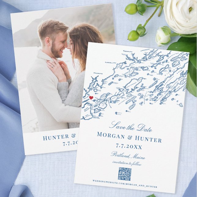 Portland Maine Casco Bay Eleganter QR-Code Save The Date (Portland Maine map Save the Dates with QR code for your Casco Bay destination wedding website.)