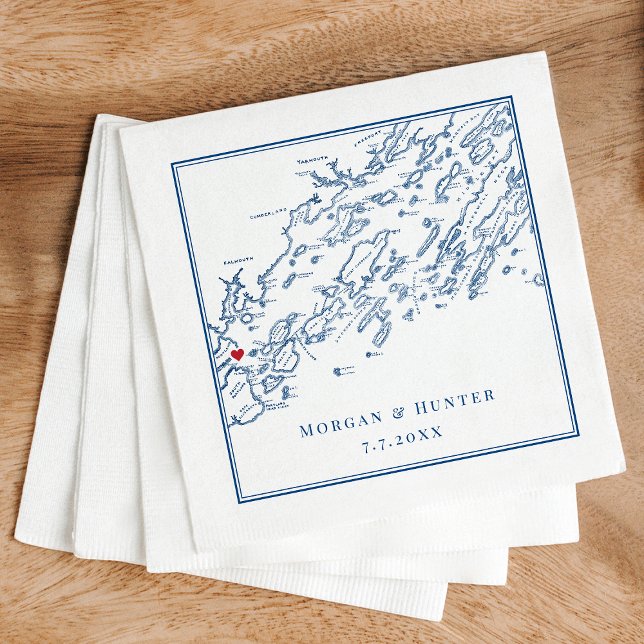 Portland Maine Casco Bay Karte Elegante Hochzeit Serviette (Casco Bay Map Napkins personalized for a wedding in Portland Maine in elegant navy blue)