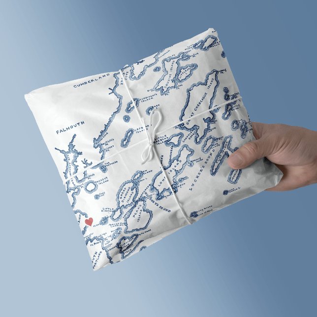 Portland Maine Casco Bay Karte Elegante Marine Blu Seidenpapier (Portland Maine Casco Bay Map Tissue Paper in elegant navy blue from Coastal Map Designs)