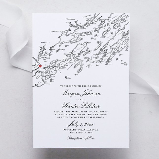 Portland Maine Elegante Schwarz-Weiß-Karte Hochzei Einladung (Portland Maine Elegant Black and White Map wedding invitations)