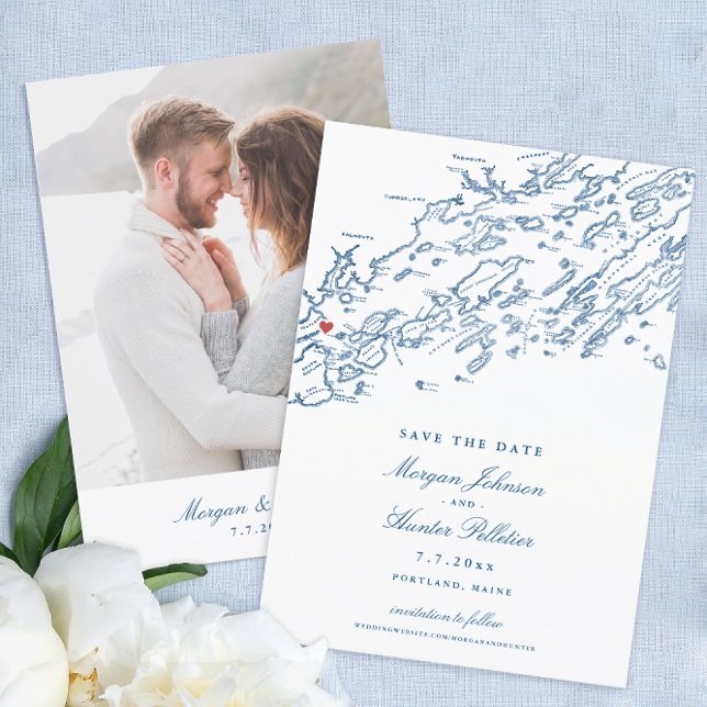 Portland Maine Karte Elegant Wedding (Elegant Portland Maine Wedding Save the Dates with navy blue Casco Bay map and photo on the back)