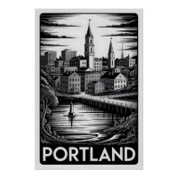 Portland Maine Skyline Schwarz Weiß Holzschnitt
