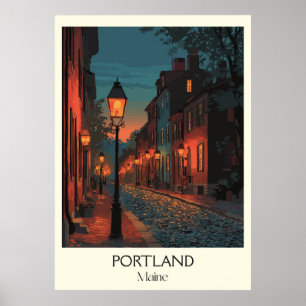 Portland Maine Vintag Historic Street Night Art Poster